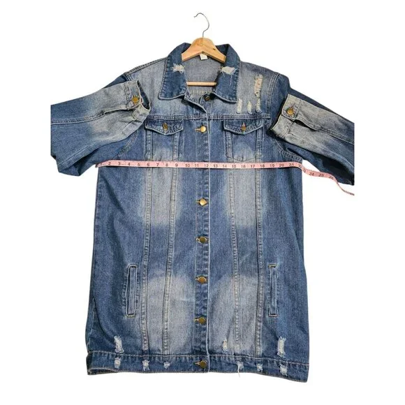 Womens XXL Longline Distressed Denim Jacket Blue Wash Button Front Pockets Y2K - Picture 7 of 7